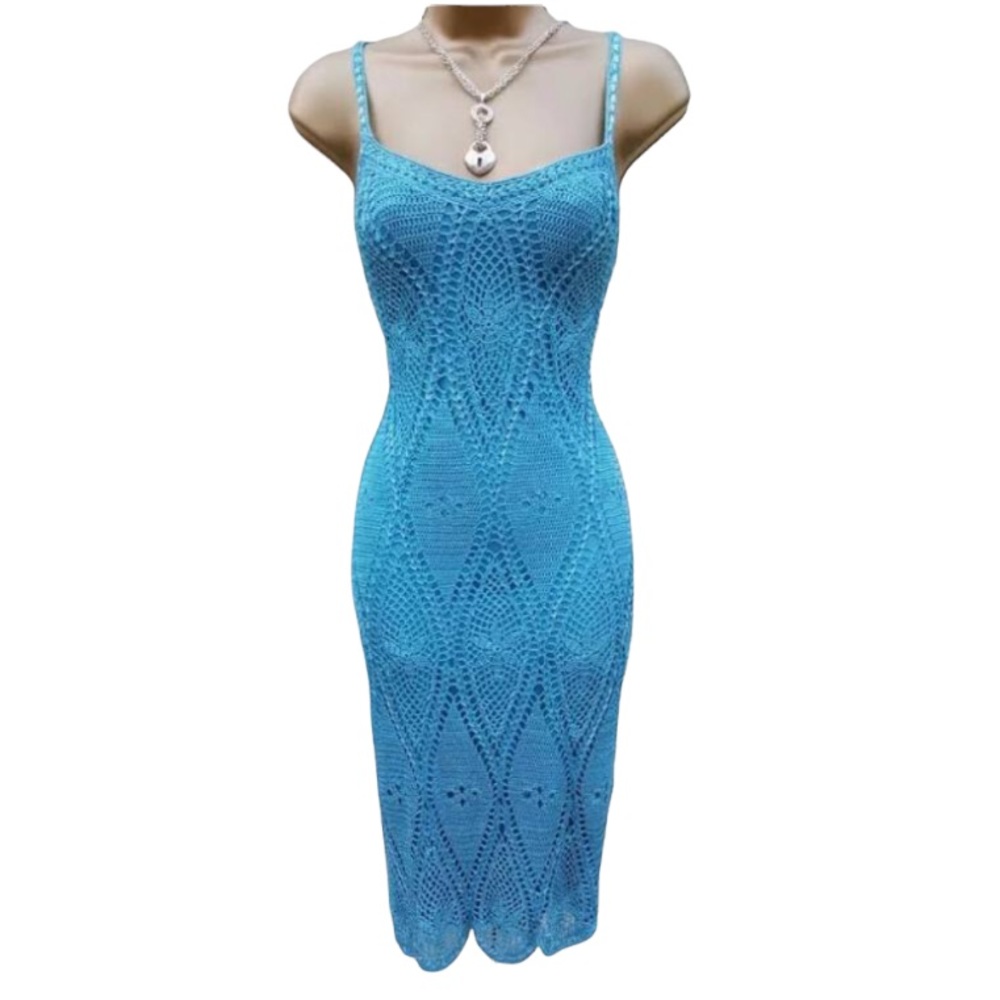 Karen Millen Turquoise Blue beaded Crotched Dress, Size 10 U.K.